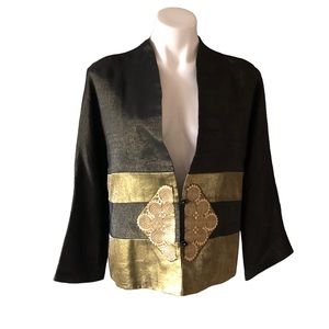 Cathayana Dark Green and Gold Oriental Silk Blend Two Button Front Jacket